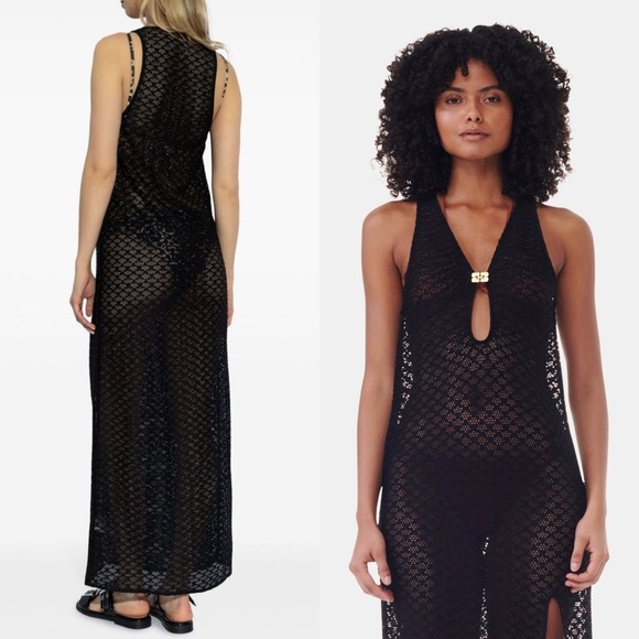 NWT GANNI Sheer Lace V-Neck Gold Butterfly Logo Clasp Sleeveless Maxi Dress L - Picture 7 of 13